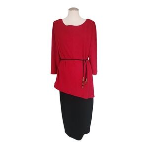 Leslie Belle Red and Black Asymmetrical Dress with Beaded Belt 14 NOS NWT